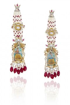 Buy White meenakari and pearl kanauti earrings with extensions by